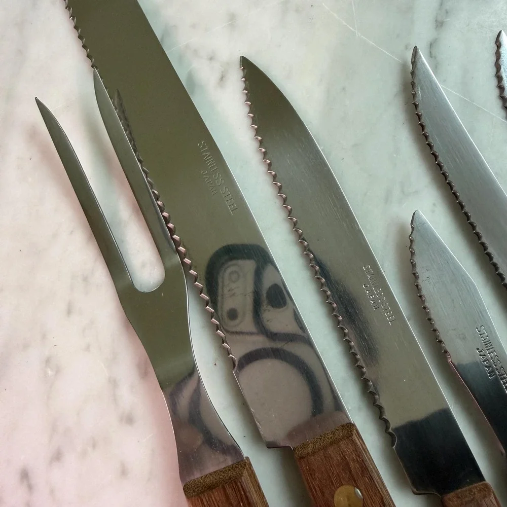 VTG 70s Mid Century Flatware Wood Handle Cutlery Set Japan Carving Knife Fork
